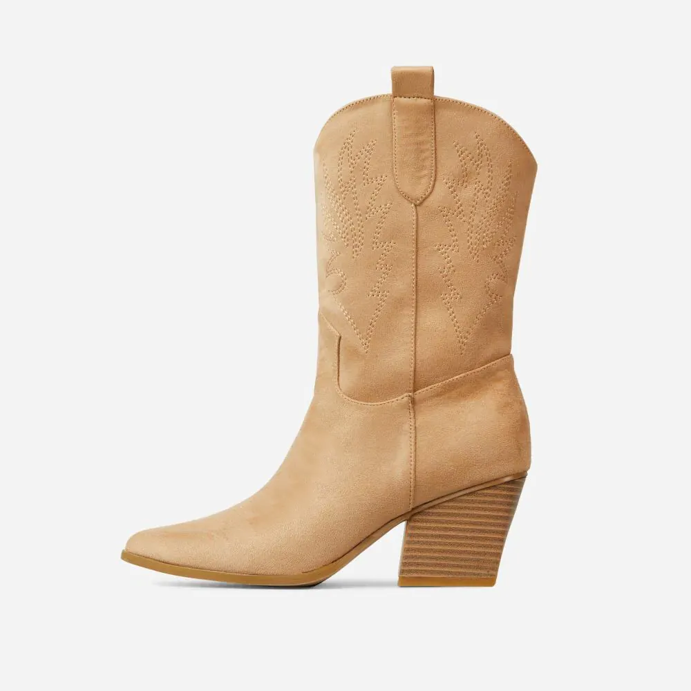 Faux-Suede Embroidered Pointed-Toe Chunky-Heel Mid-Calf Boots