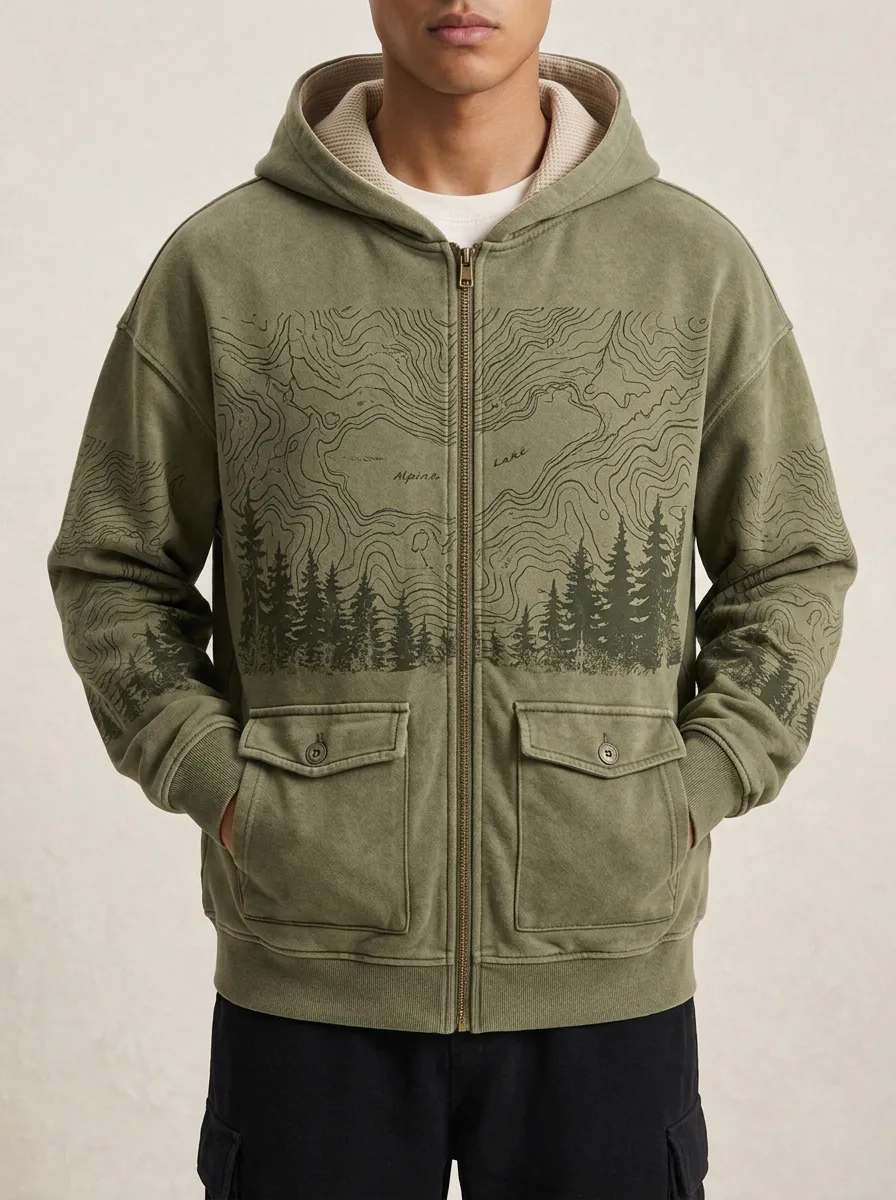 Men's Outdoor Nature Lover Alpine Lake Forest Printed Zip Hoodie