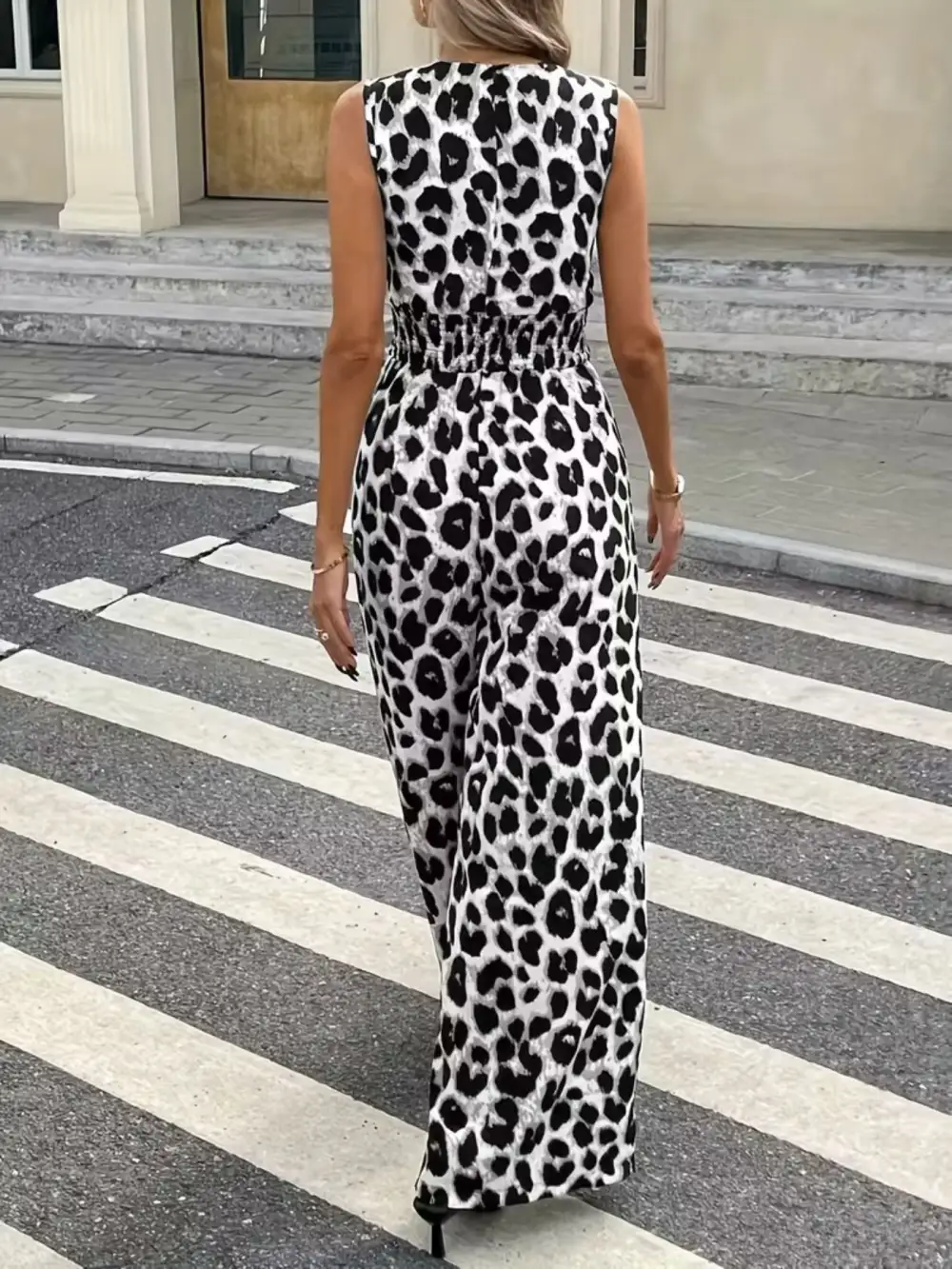 Sleeveless V Neck Leopard Print Wide Jumpsuit