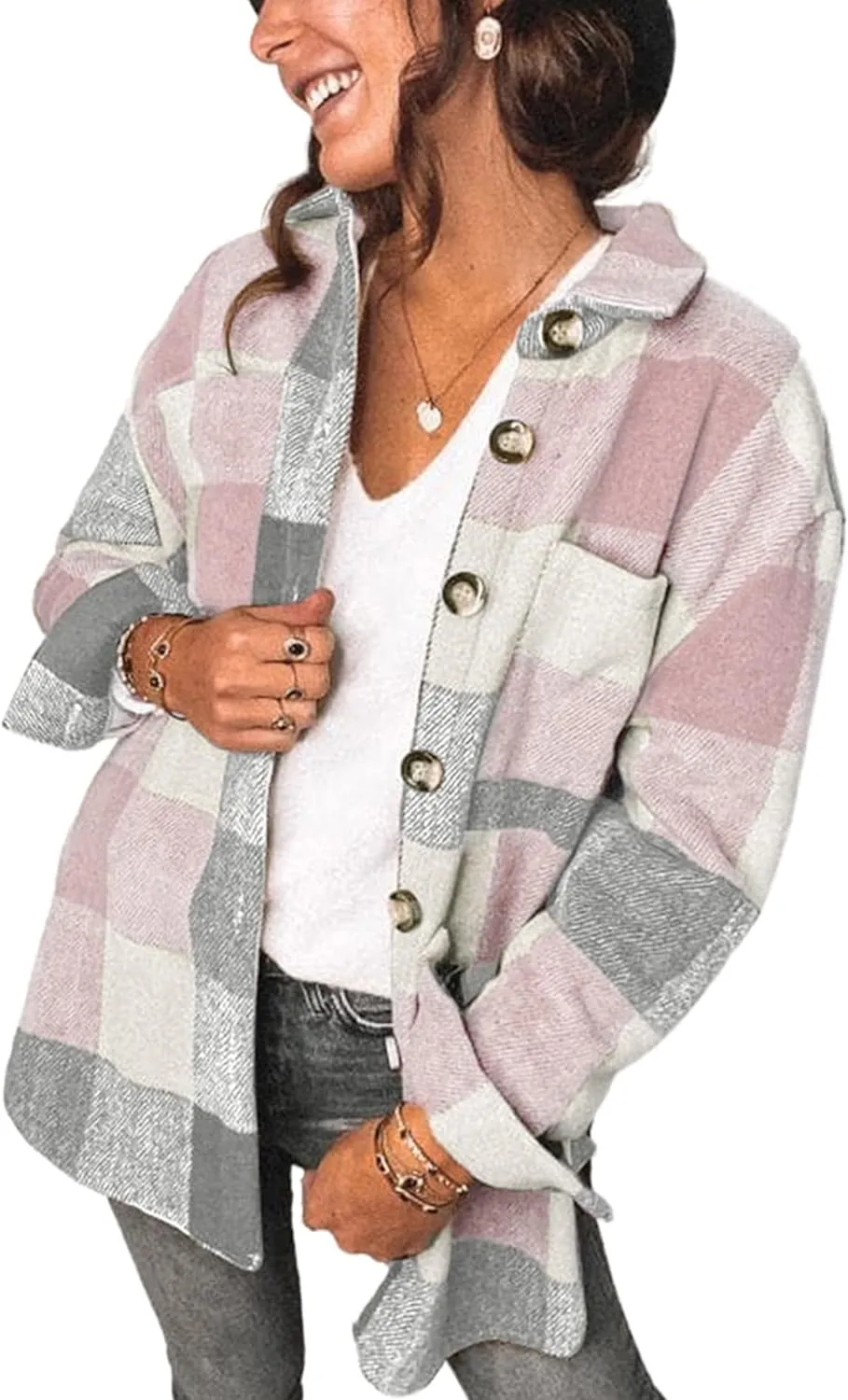Women's 2023 Fall Clothes Plaid Shacket Jacket Long Sleeve Button Down Flannel Shirts Fashion Blouse