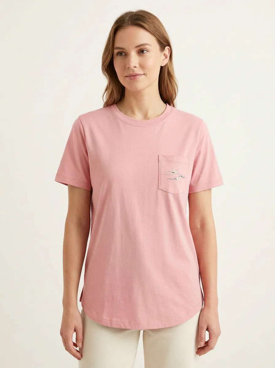 Women's Flying Crane Embroidered Pocket Crewneck T-Shirt