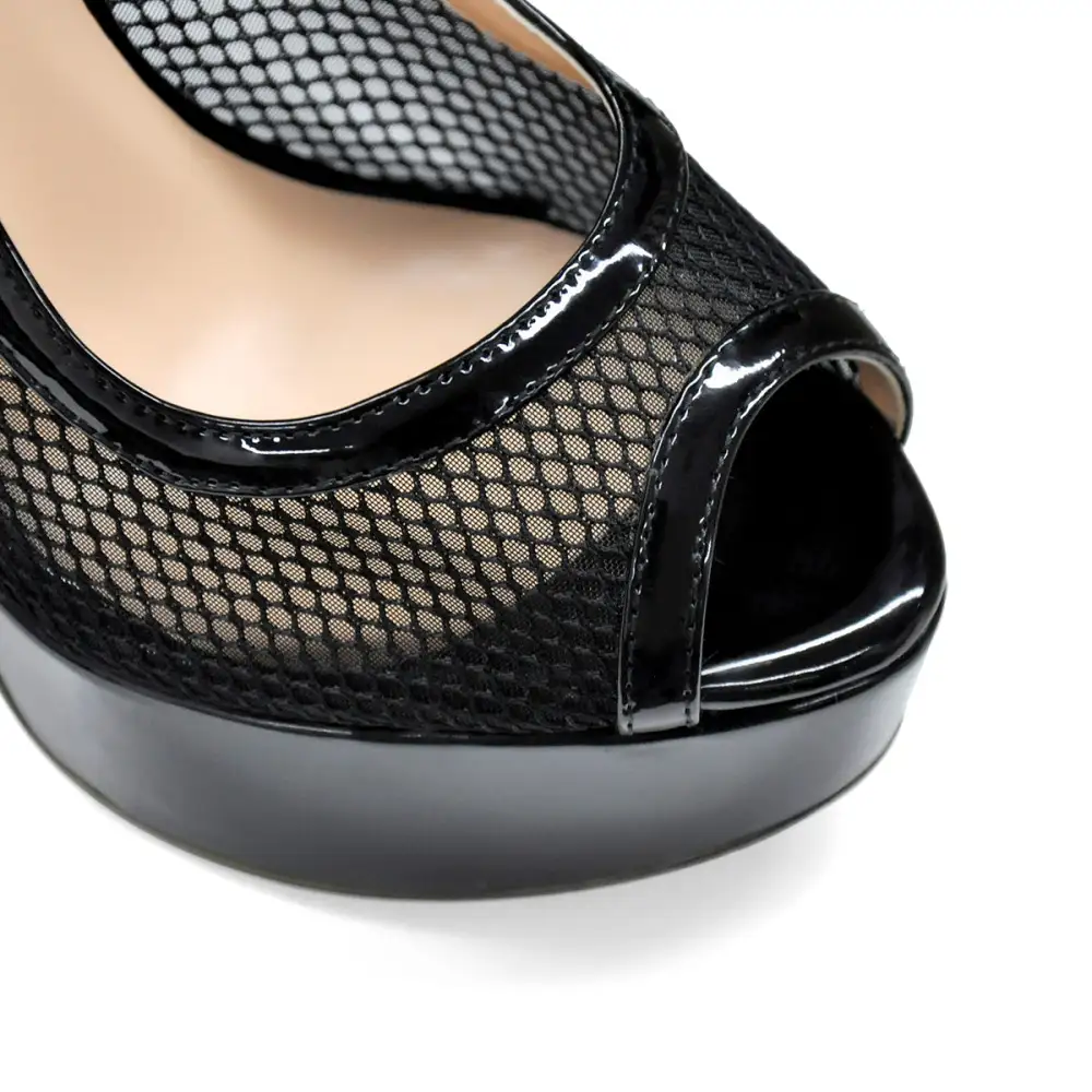 Mesh Detail Peep Toe Platform Stiletto Buckle Strap Pumps