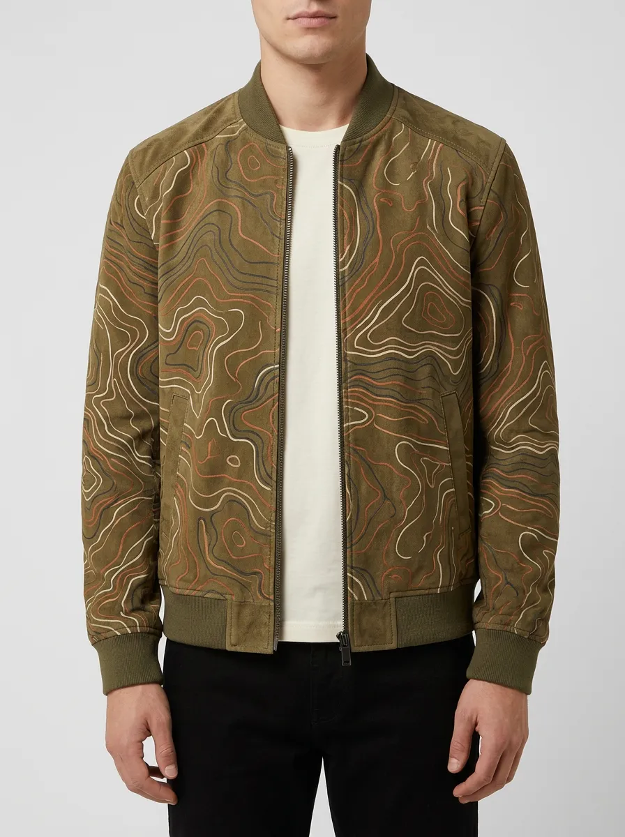 Topographic Print Contrast Panels Bomber Jacket