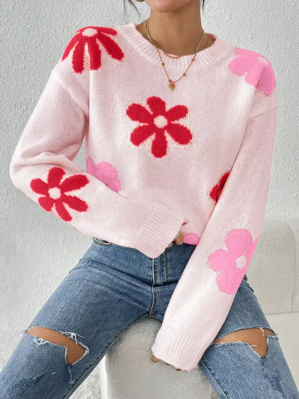 Floral Detail Round Neck Long Sleeve Relaxed Fit Sweater