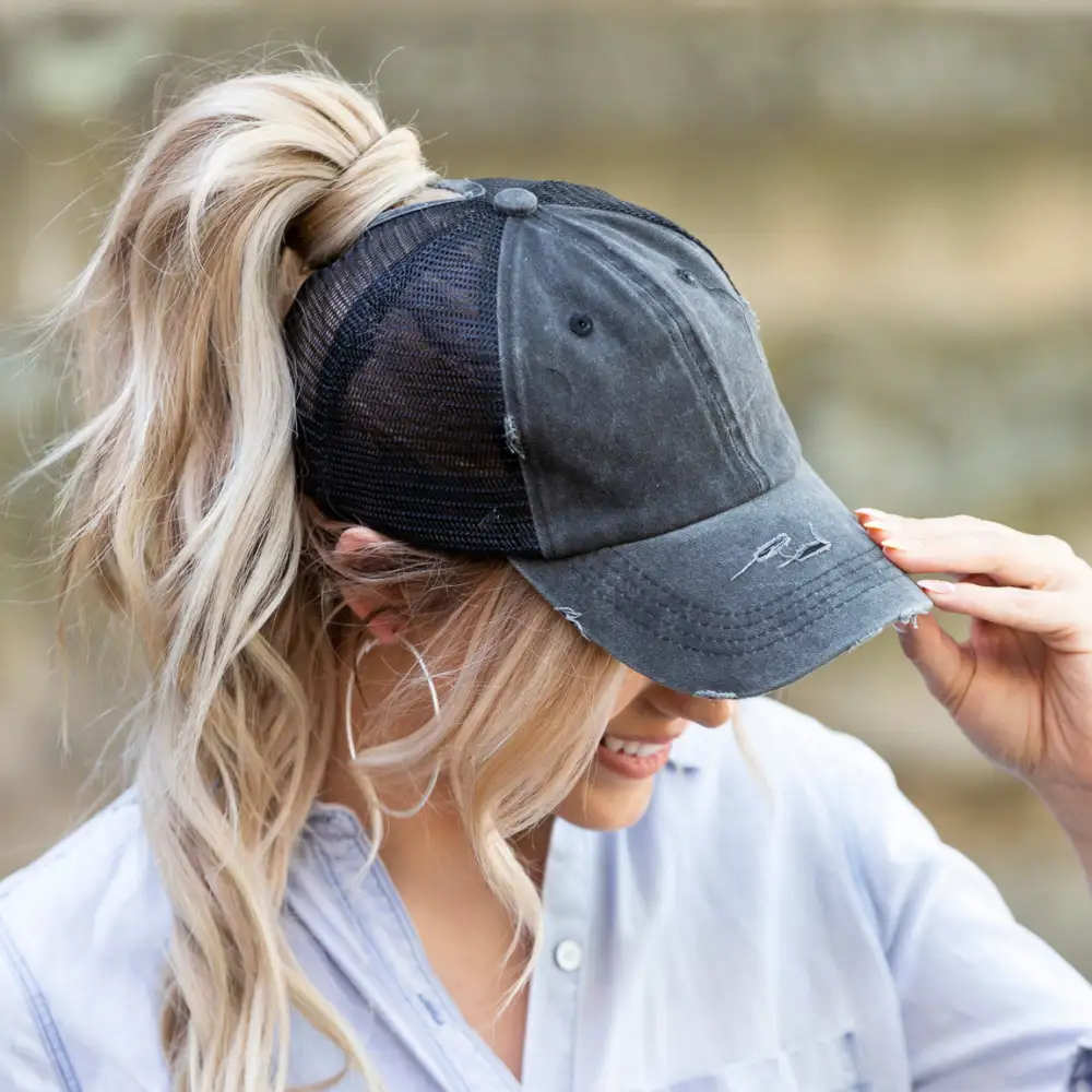 Distressed Messy Bun Baseball Cap Cap