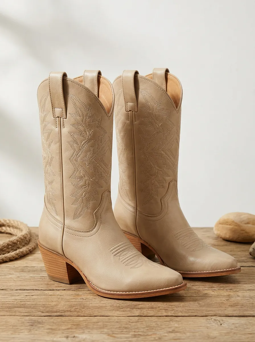 Unisex Classic Western Cowboy Beige Embroidered Stitched Boots