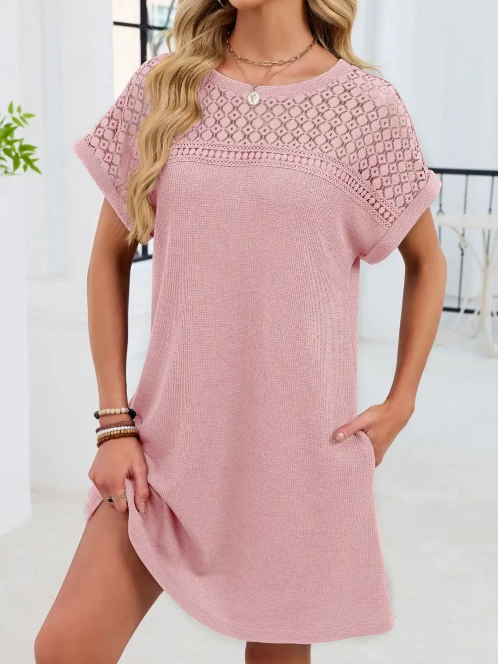 Lace Round Neck Short Sleeve Shirt Dress