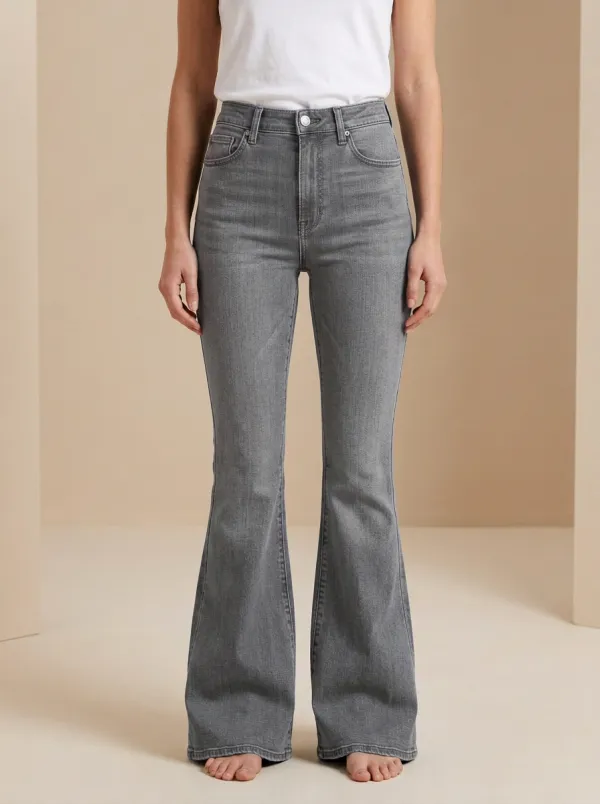 Vintage Inspired Faded Finish High Rise Flare Jeans