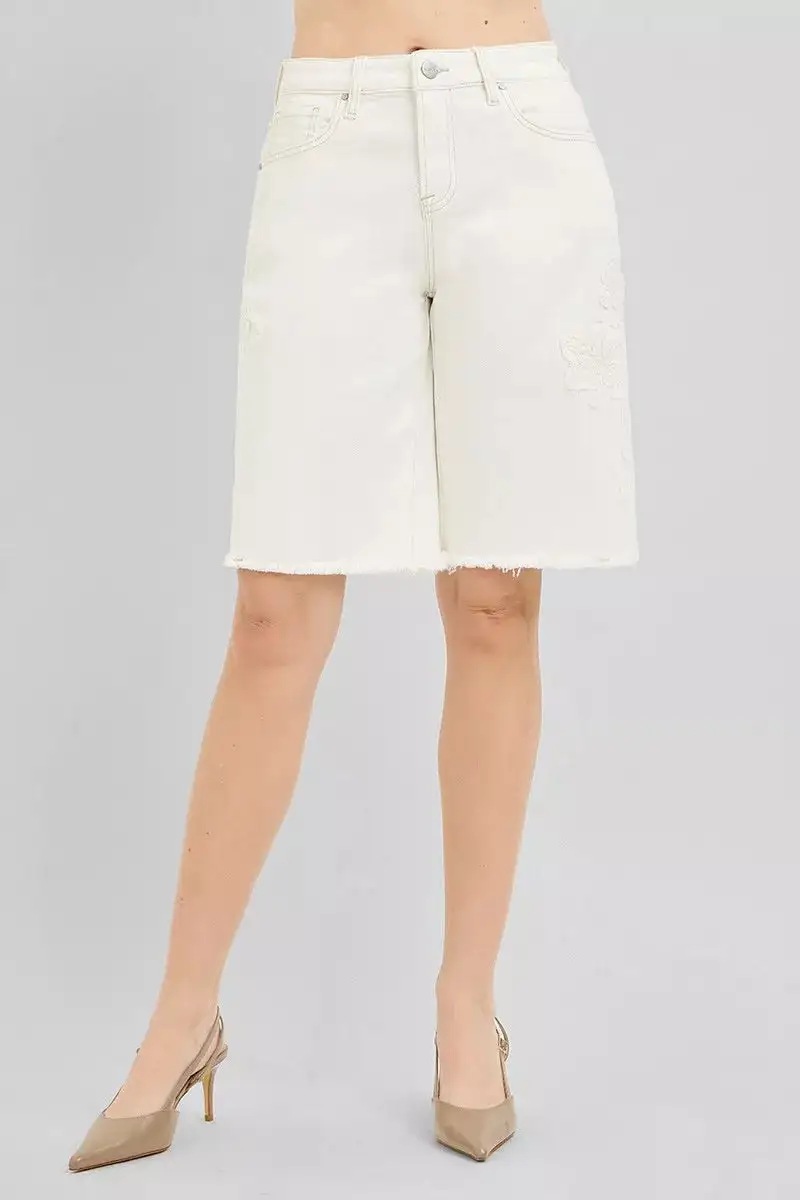 Raw-Hem Pocketed Bermuda Cotton Denim Shorts