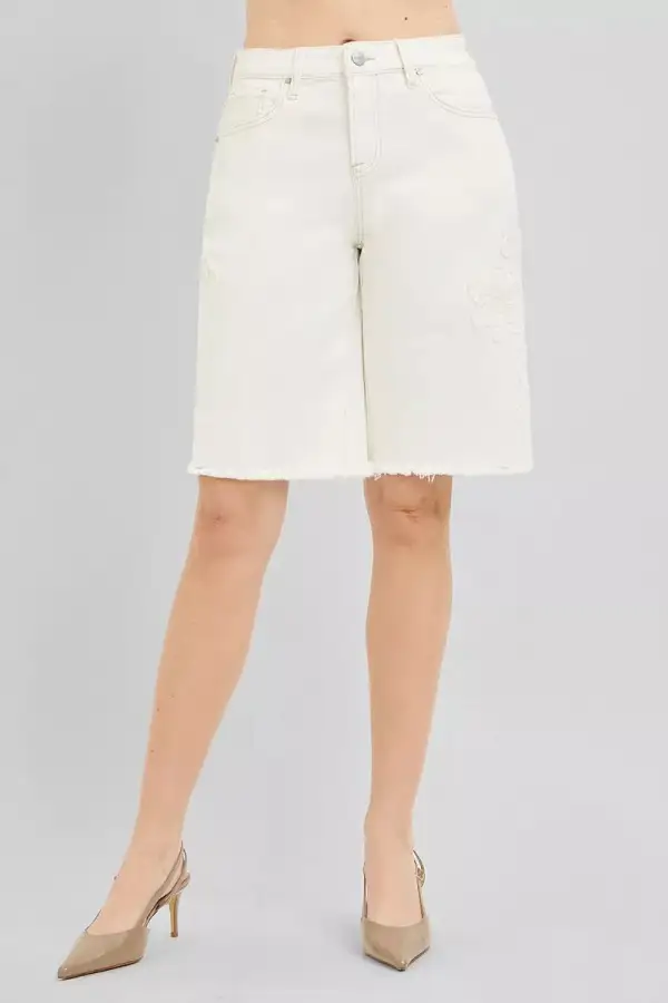 Raw-Hem Pocketed Bermuda Cotton Denim Shorts