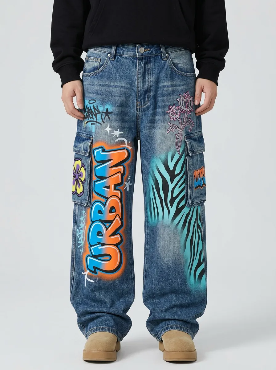 Men's Urban Graffiti Zebra Floral Graphic Cargo Jeans