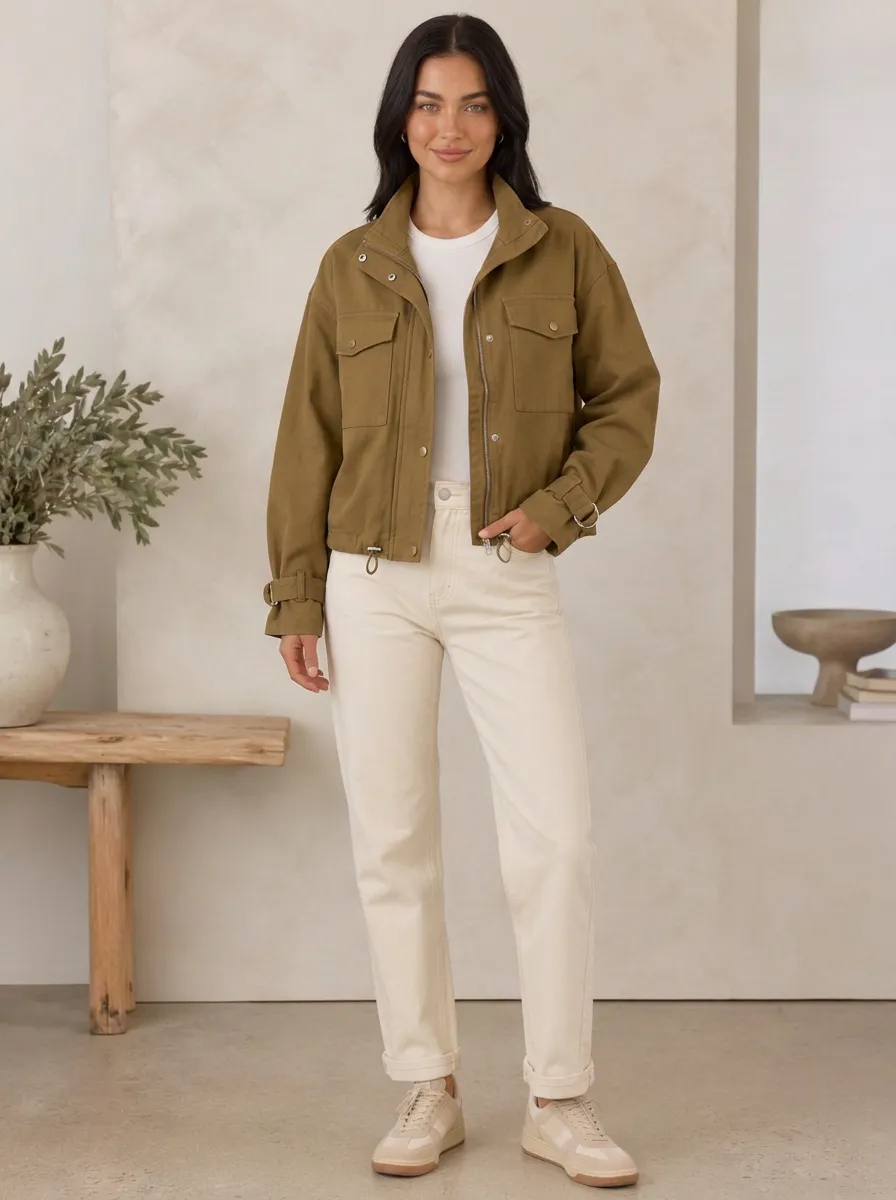 Women's Casual Olive Green Utility Cargo Jacket
