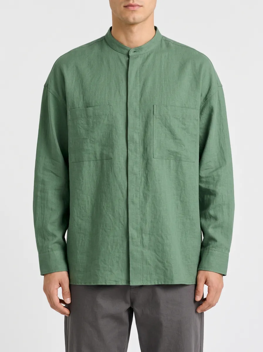 Green Long Sleeve Shirt in a Mandarin Collar Style