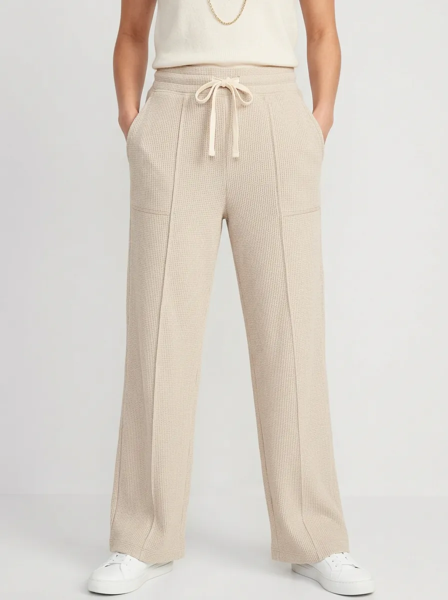 Women's Casual Lounge Waffle Knit Drawstring Wide Leg Pants