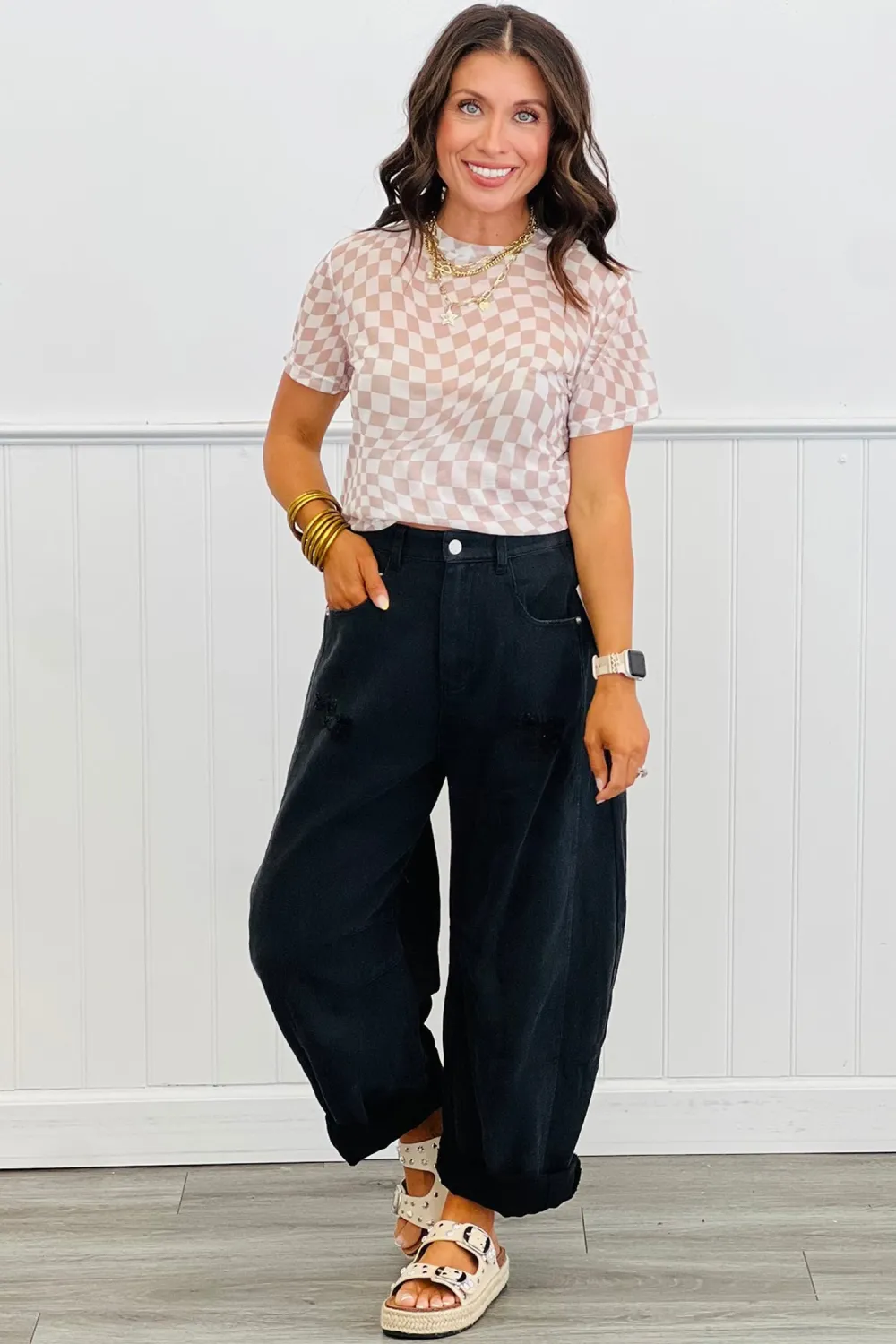 Khaki Checkered Print Mock Neck Tee