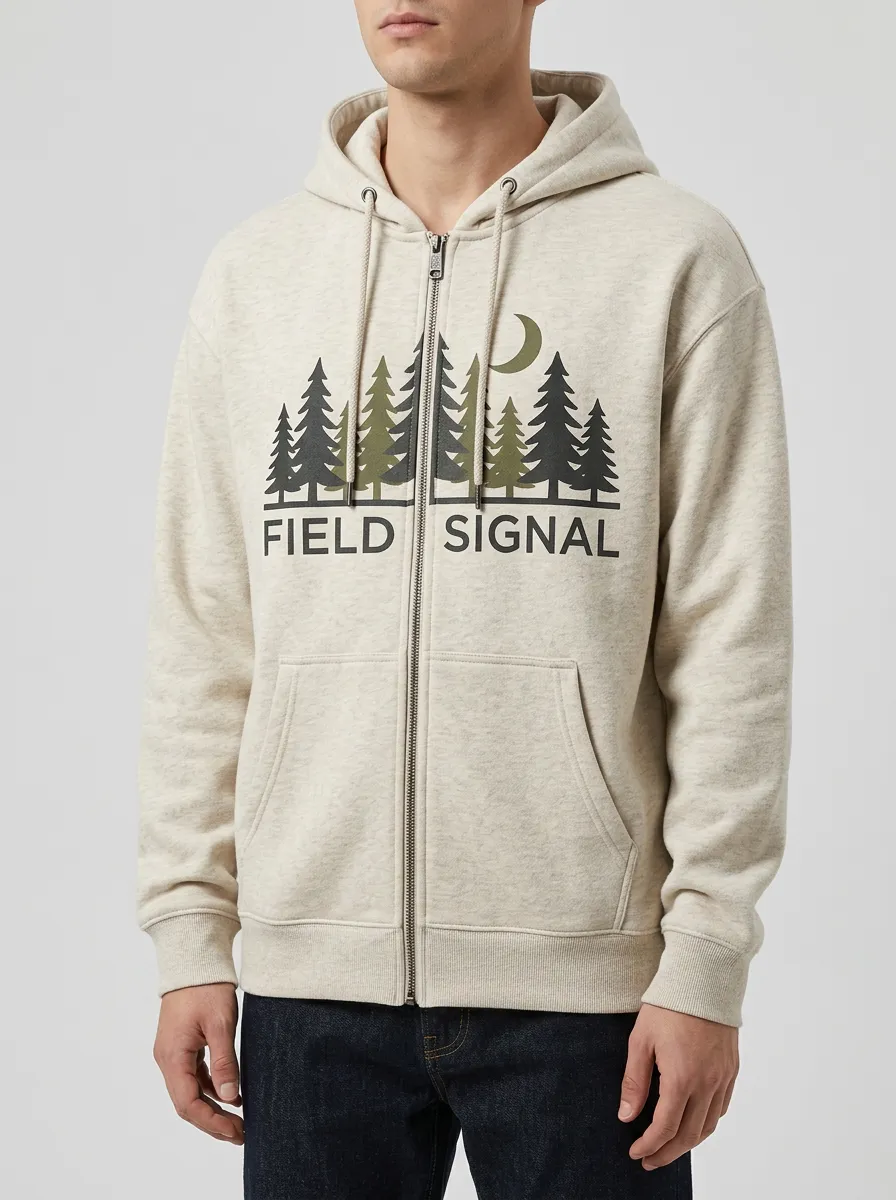 Men's Nature Outdoor Field Signal Pine Tree Moon Printed Zip Hoodie