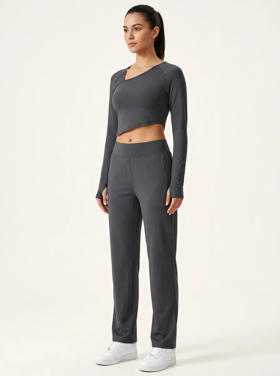 Women's Layered Asymmetric Thumbhole Crop Top and Straight-Leg Pant Set