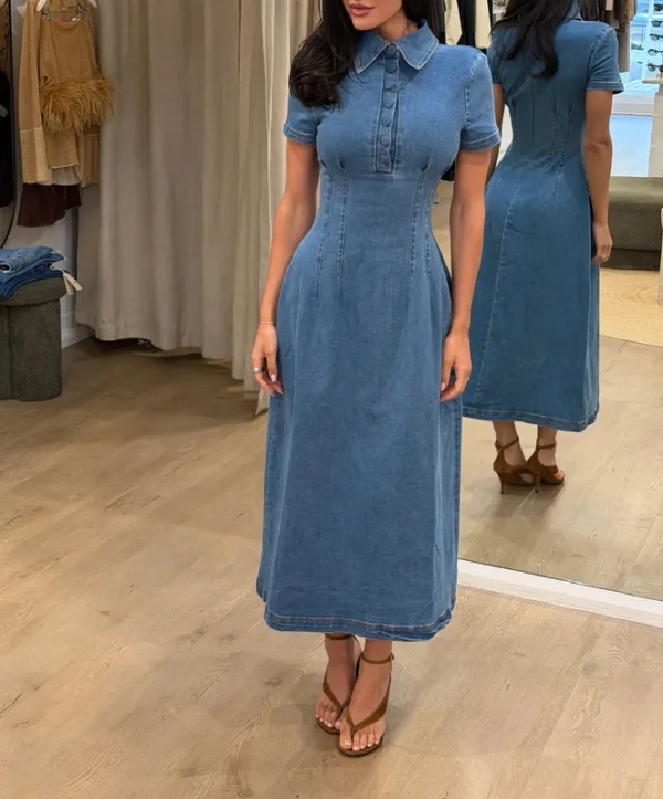 Light Blue Denim Collared Midi Dress