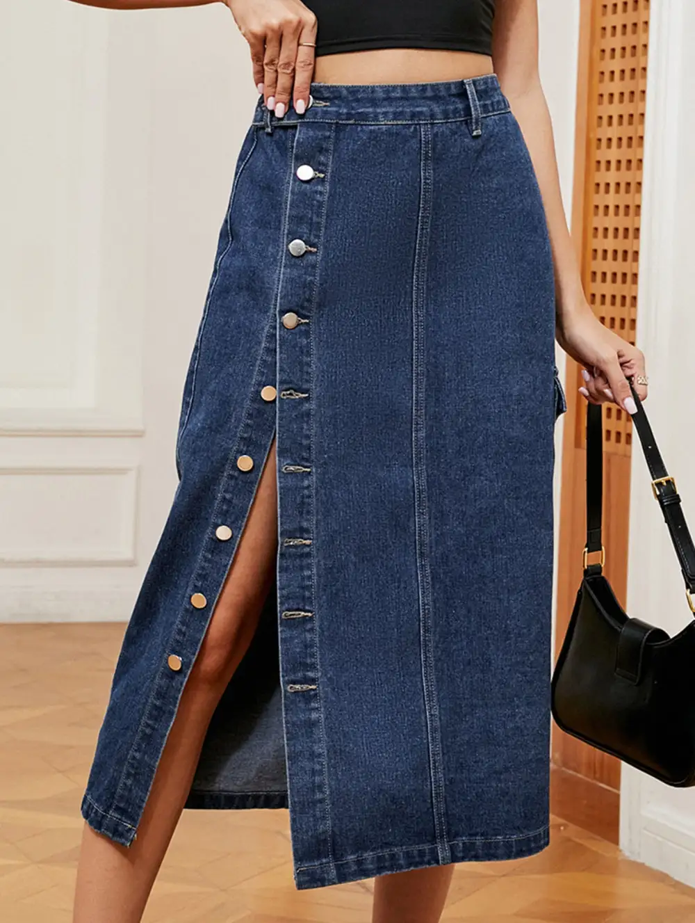 Denim Elastic Waist Midi Skirt