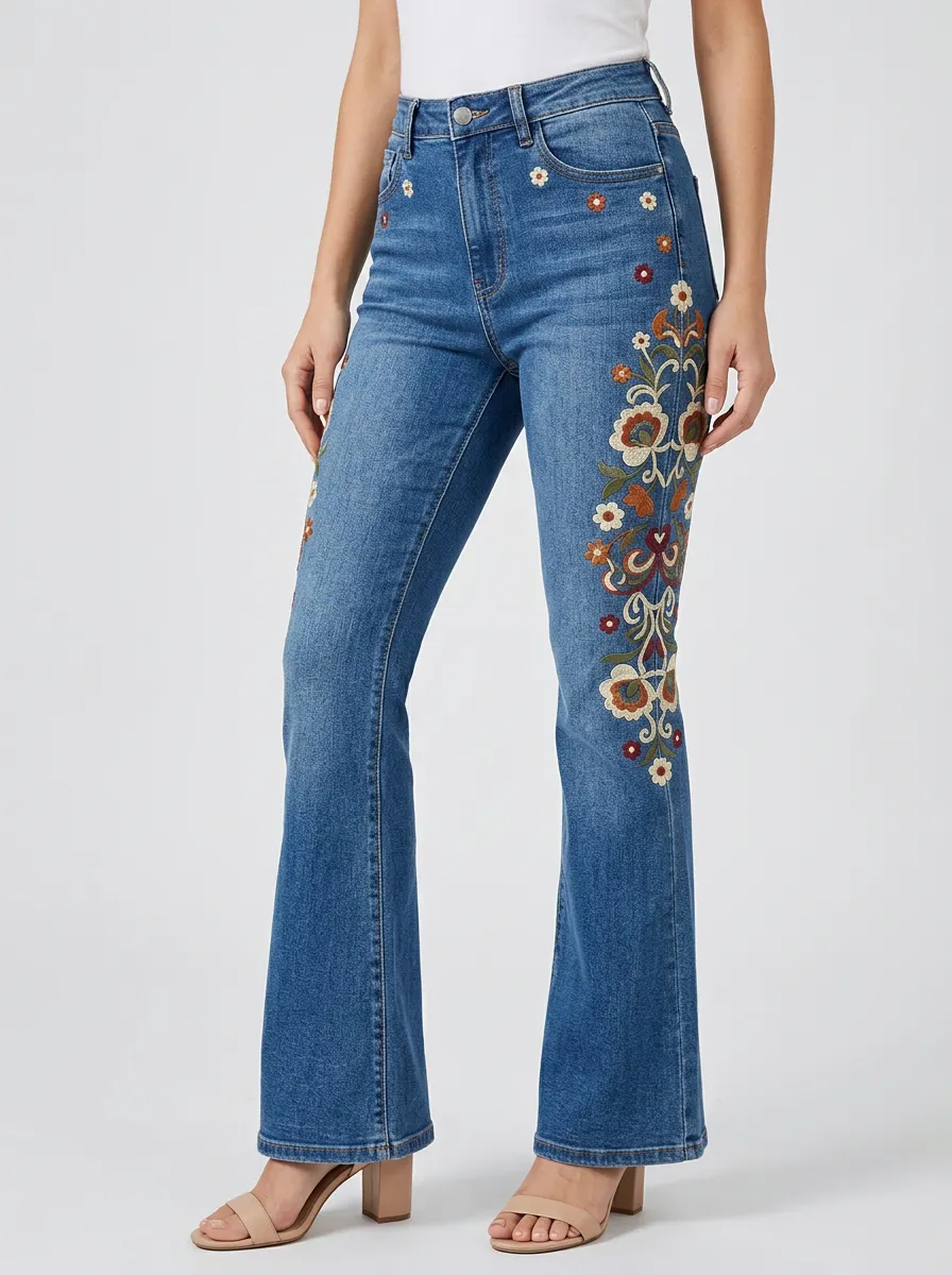 Women's Botanical Medium Wash Floral Embroidery Flare Jeans