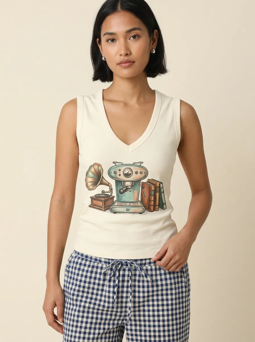 Women's Coffee Book Music Lover Espresso Gramophone Printed Tank Top
