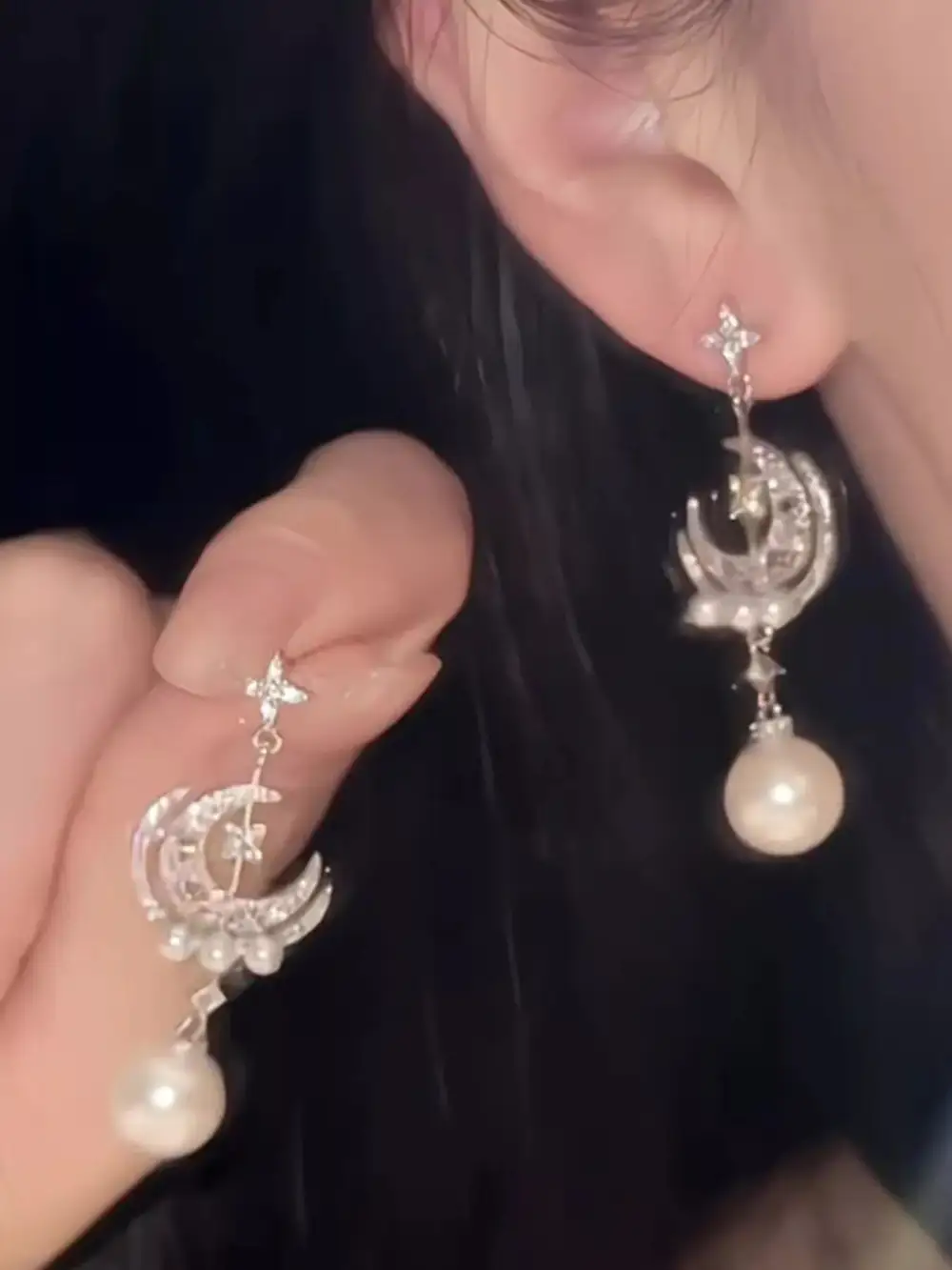 Women's Moon and Star Pearl Dangle Earrings