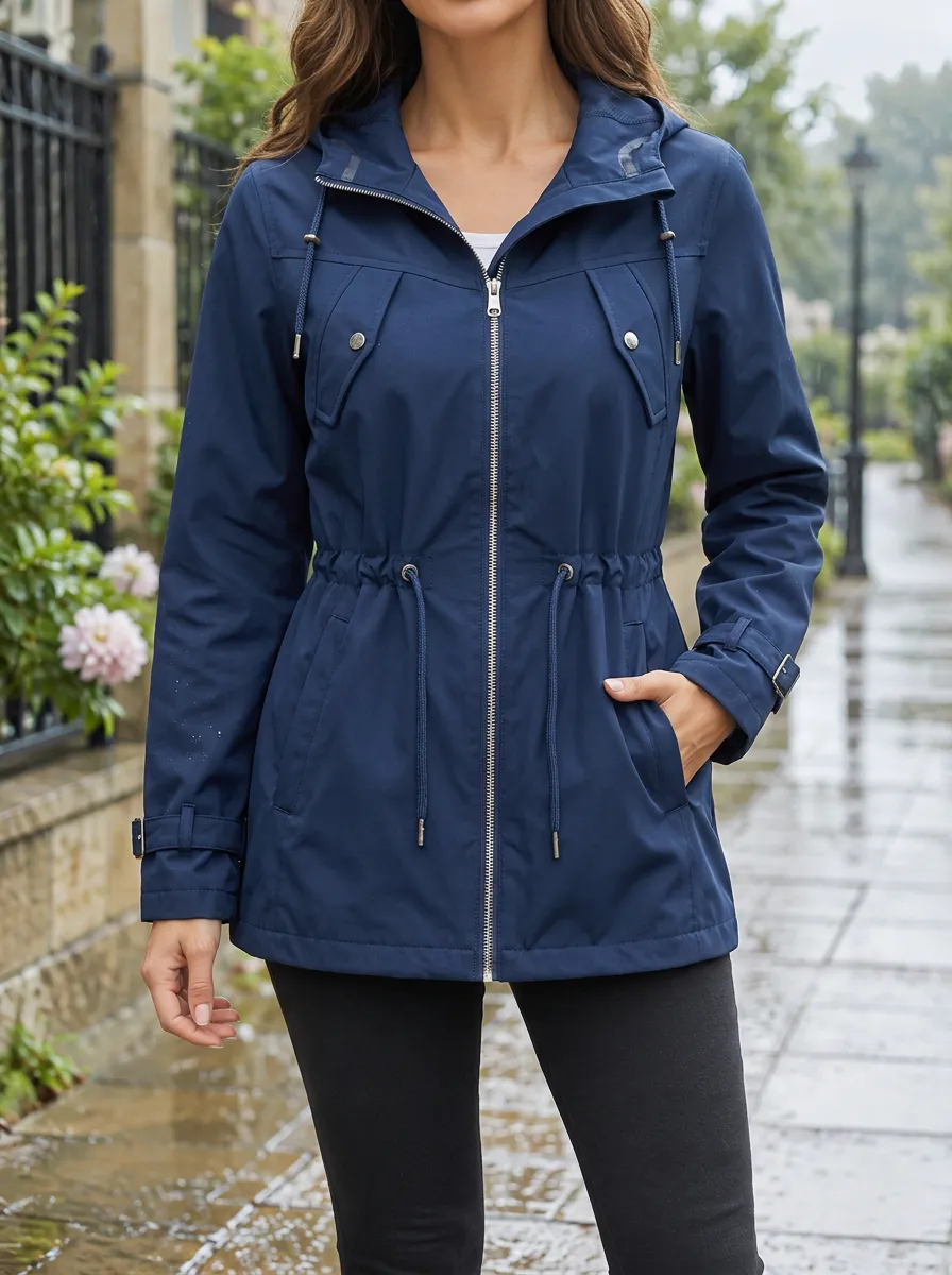 Women's Navy Blue Hooded Drawstring Waterproof Jacket