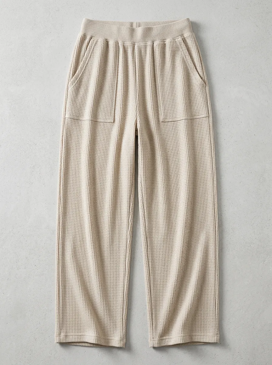 Unisex Casual Loungewear Beige Waffle Knit Pocketed Pants