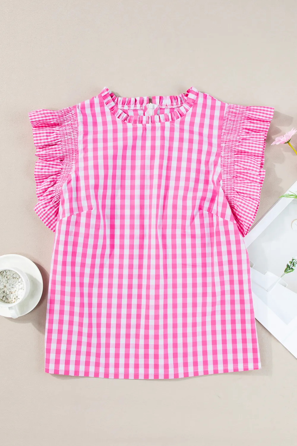 Rose Red Checkered Ruffled Sleeve Blouse