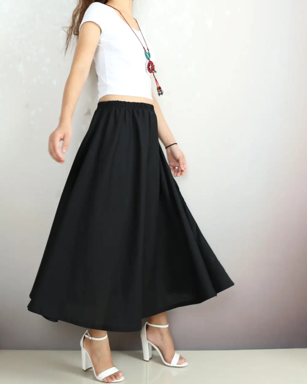 Boho Linen Flared Midi Skirt