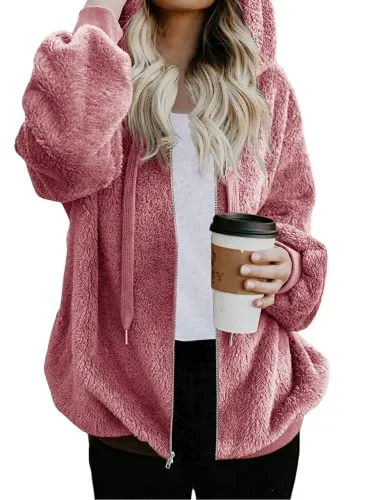 Womens Full Zip Up Sherpa Hoodie Fuzzy Fleece Jacket Oversized Fluffy Coat with Pockets