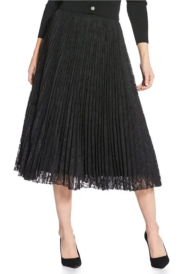 Women's Black Textured Pleated Midi Skirt