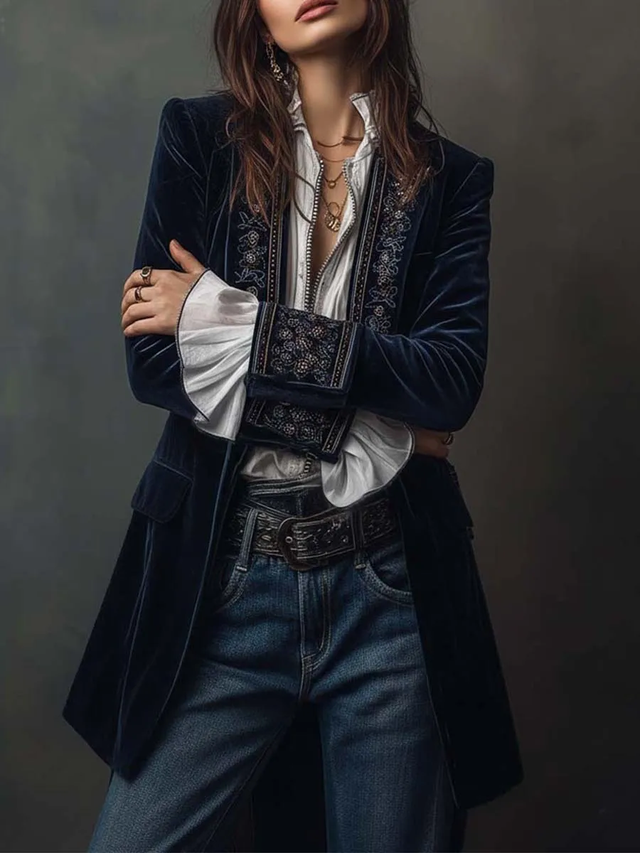 Open-Front Lapel-Collar Velvet Vintage-Inspired Tailored Jacket