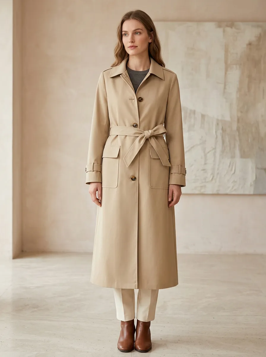 Women's Belted Minimalist Classic Long Trench Coat