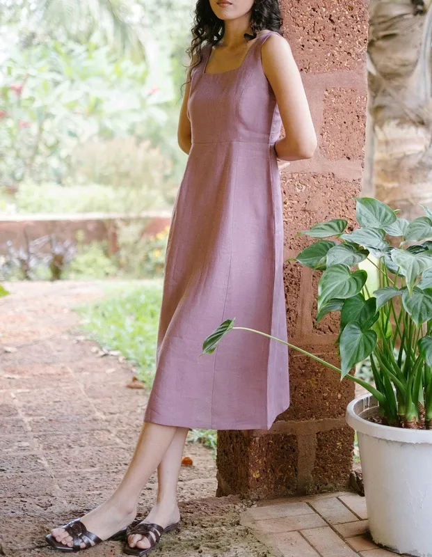 Dusty Pink Linen Square-Neck Midi Dress