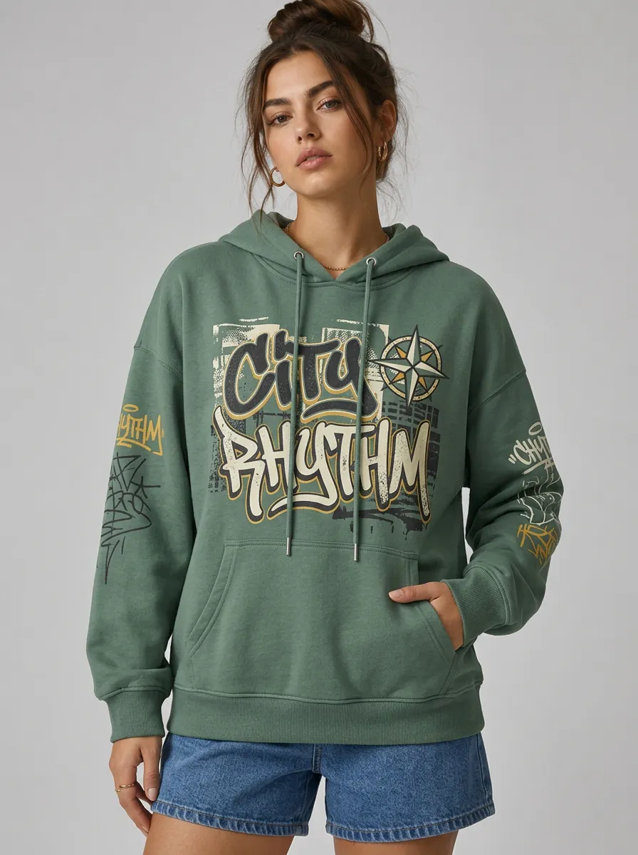 Women's City Rhythm Graffiti Compass Printed Hoodie