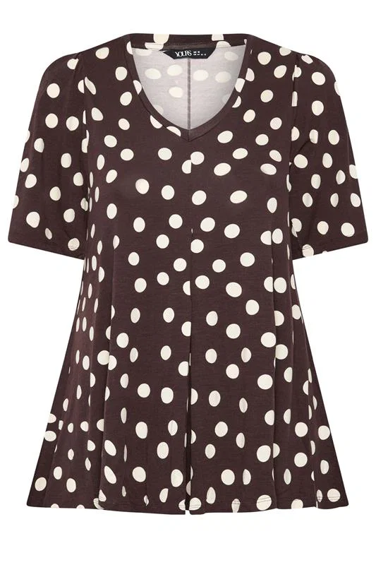 Chocolate Brown Polka Dot Pleated Front Top detail 4