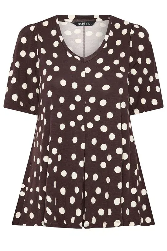 Chocolate Brown Polka Dot Pleated Front Top