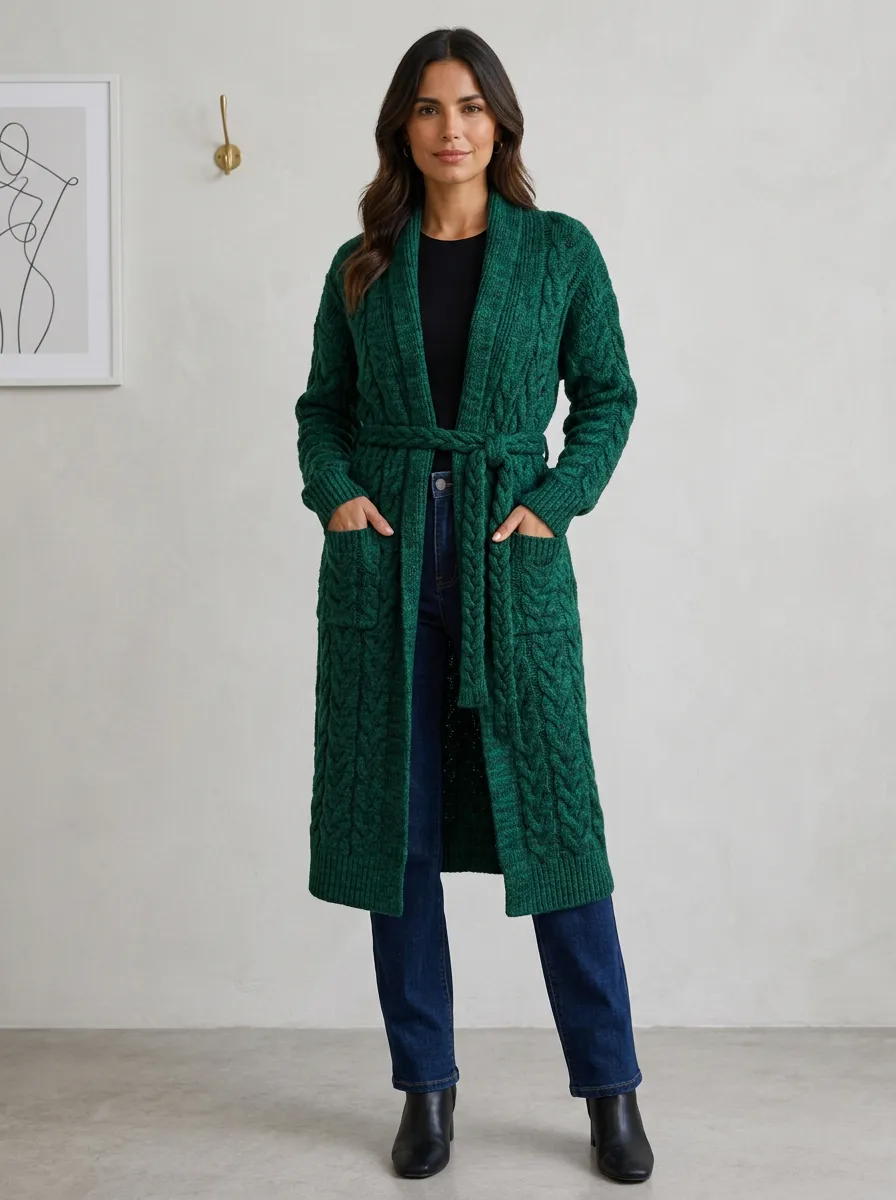Women's Green Cable Knit Belted Long Cardigan Sweater