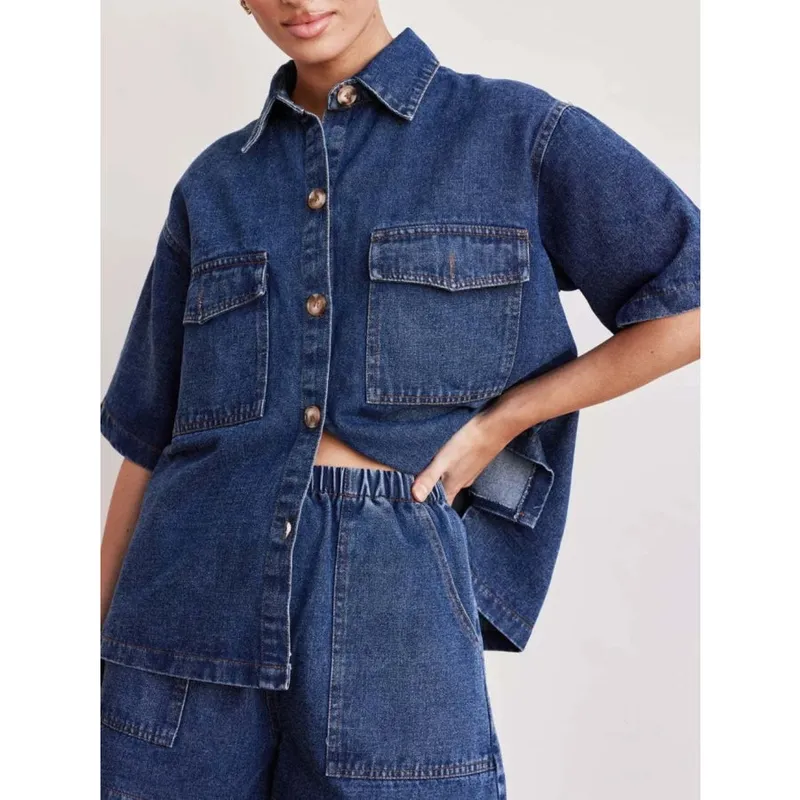 Button-Up Half-Sleeve Denim Shirt