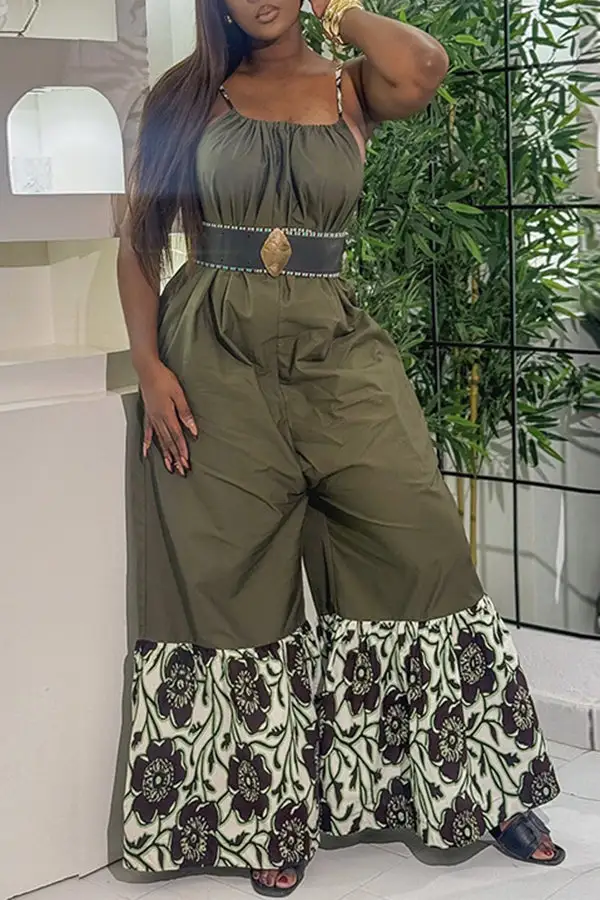 Floral Print Spaghetti Strap Patchwork Wide-Leg Jumpsuit