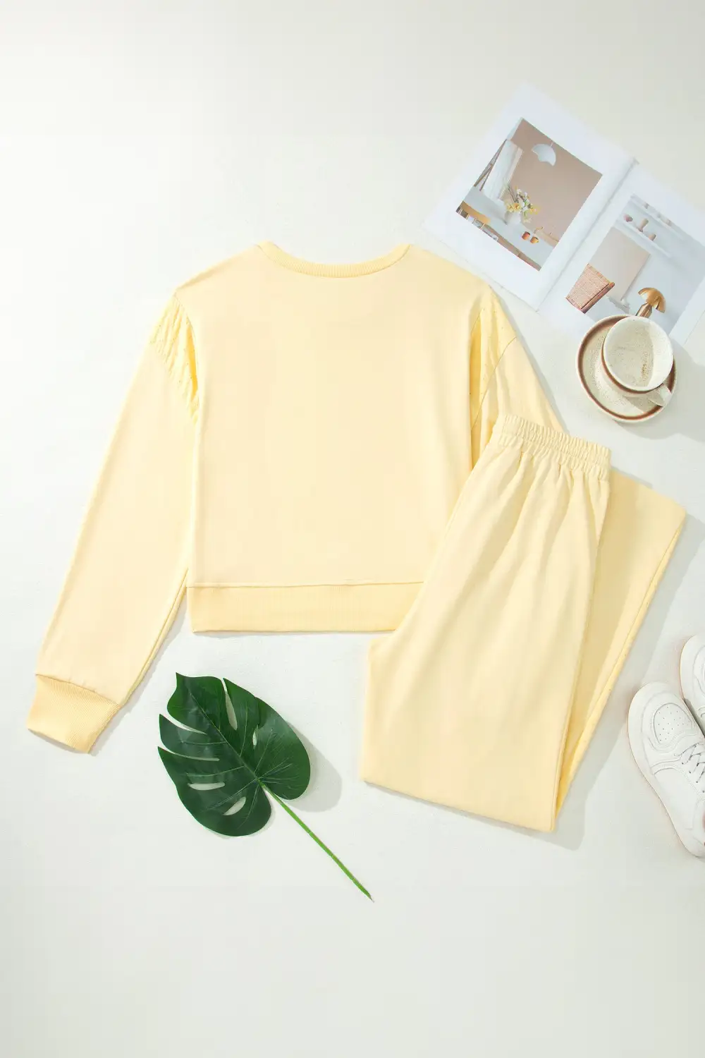 Eyelet Embroidered Lace Patchwork Cropped Pullover Drawstring Pants Set