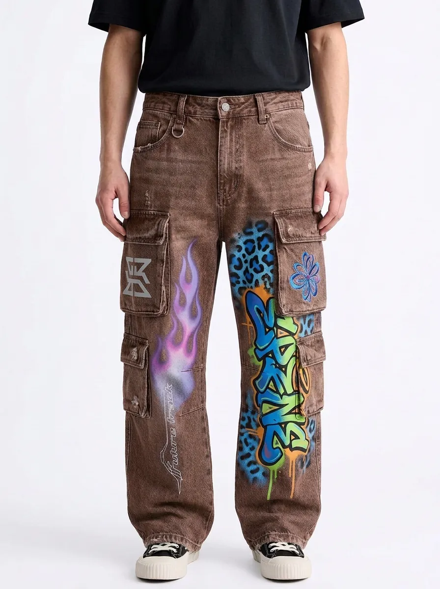 Men's Streetwear Graffiti Flame Leopard Street Art Cargo Jeans