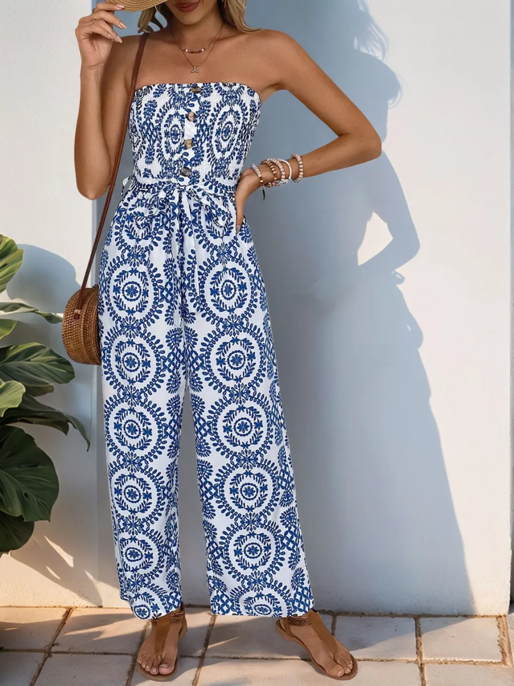 Smocked Tube Wide Leg Jumpsuit