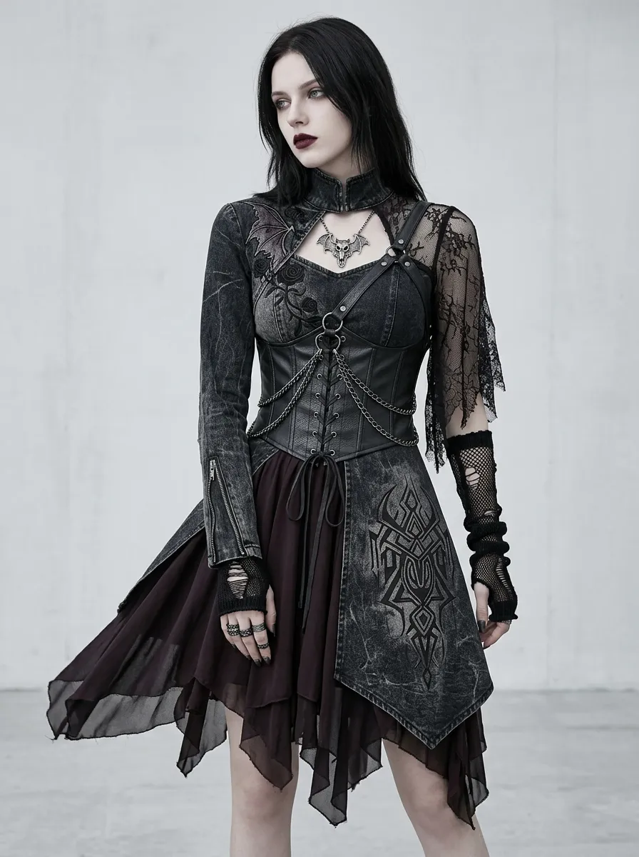 Women's Gothic Bat Wing Tribal Print Lace Trimmed Top