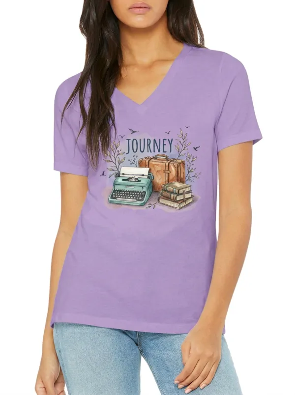 Women's Writer Traveler Journey Typewriter Suitcase Printed V-neck T-shirt