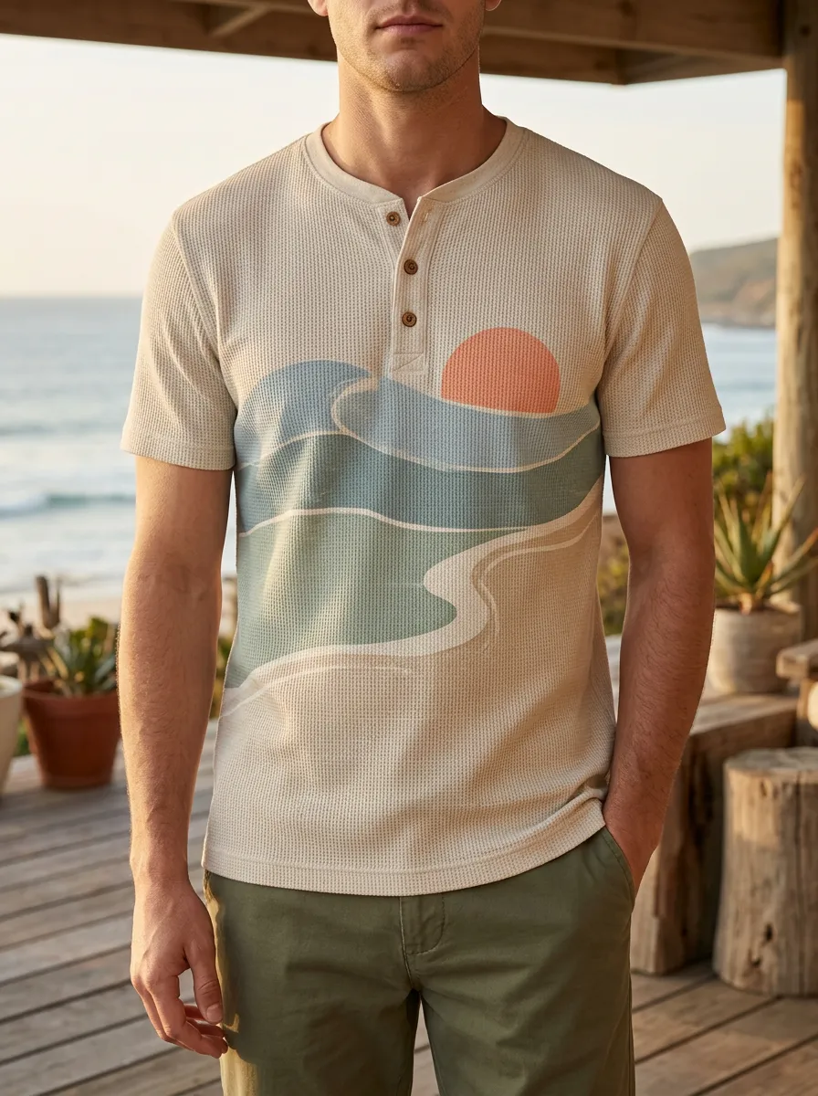 Men's Classic Beach Lover Sunset Ocean Wave Henley T-Shirt