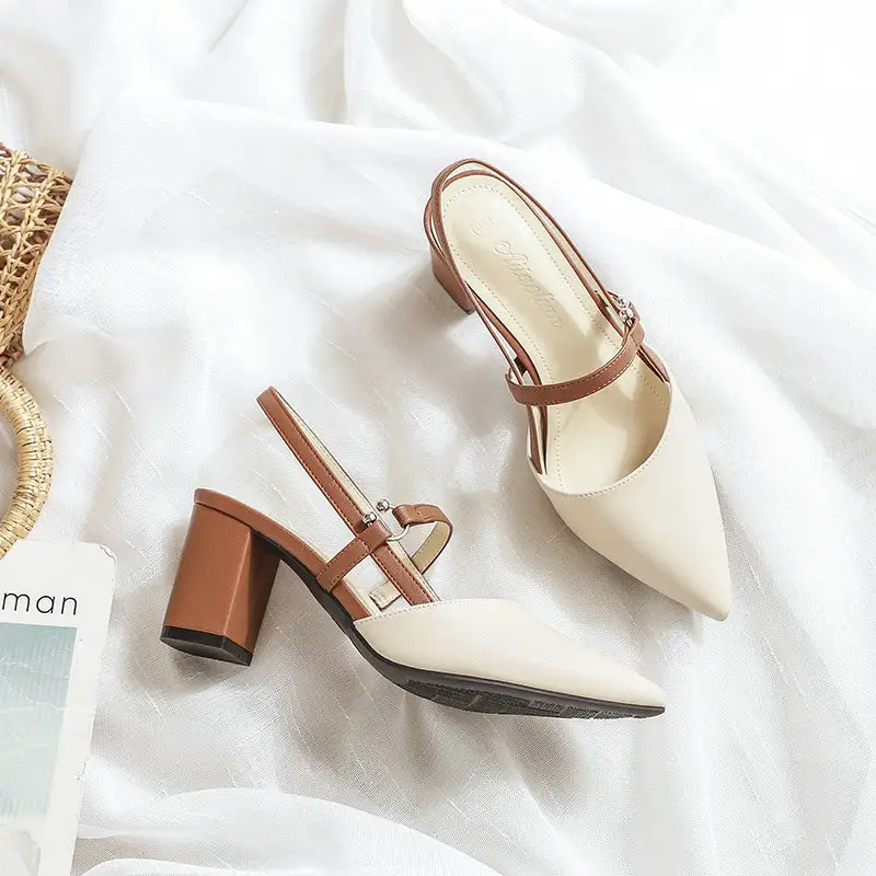 Backless Pointed Toe Thick Heel Sandals