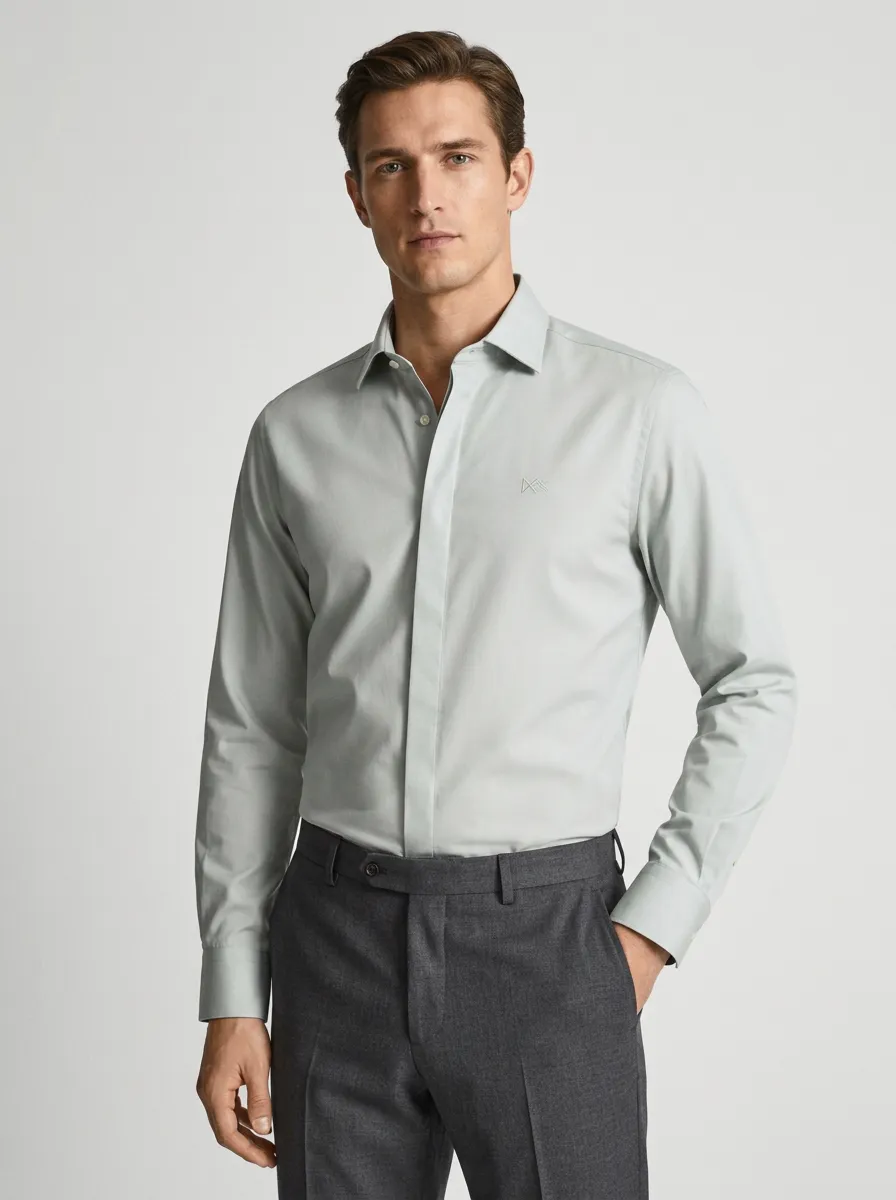 Men's Non-Iron Cotton  Logo Embroidered Long Sleeve Shirt