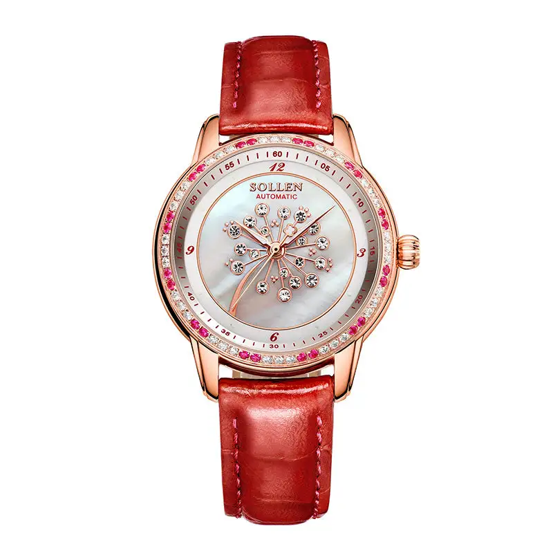 Sollen SL408 Women's Dandelion Skeleton Automatic Watch - 35mm Crystal Bezel Mother of Pearl Dial Leather Strap Wristwatch